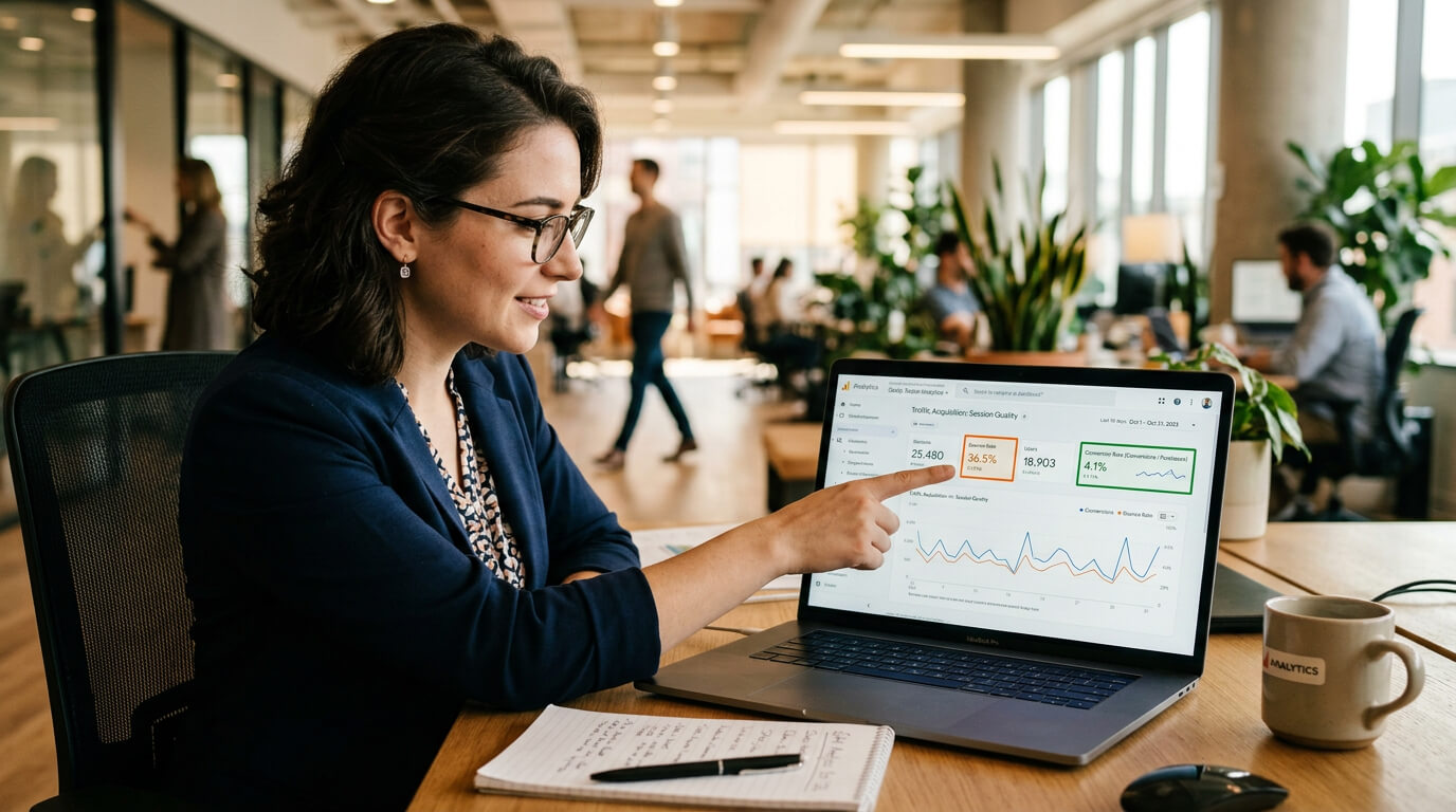 Analytik sleduje metriky webu v Google Analytics — bounce rate, konverzie a rýchlosť pred redizajnom