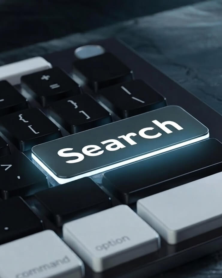 SEO špecialista analyzuje dáta z keyword research na monitore, moderná agentúra s prirodzeným svetlom