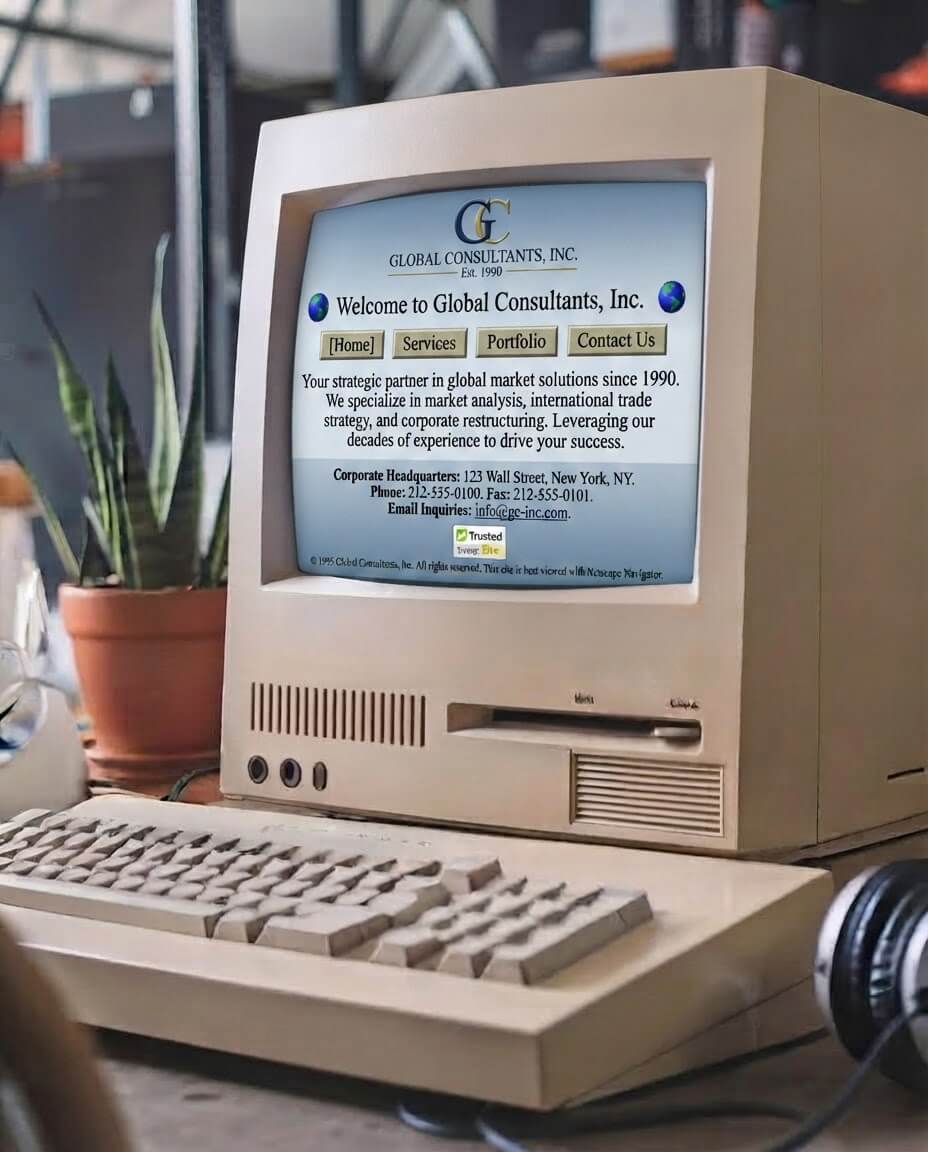 Webdizajnér analyzuje aktuálny web pred rozhodnutím o redizajne na dvoch monitoroch