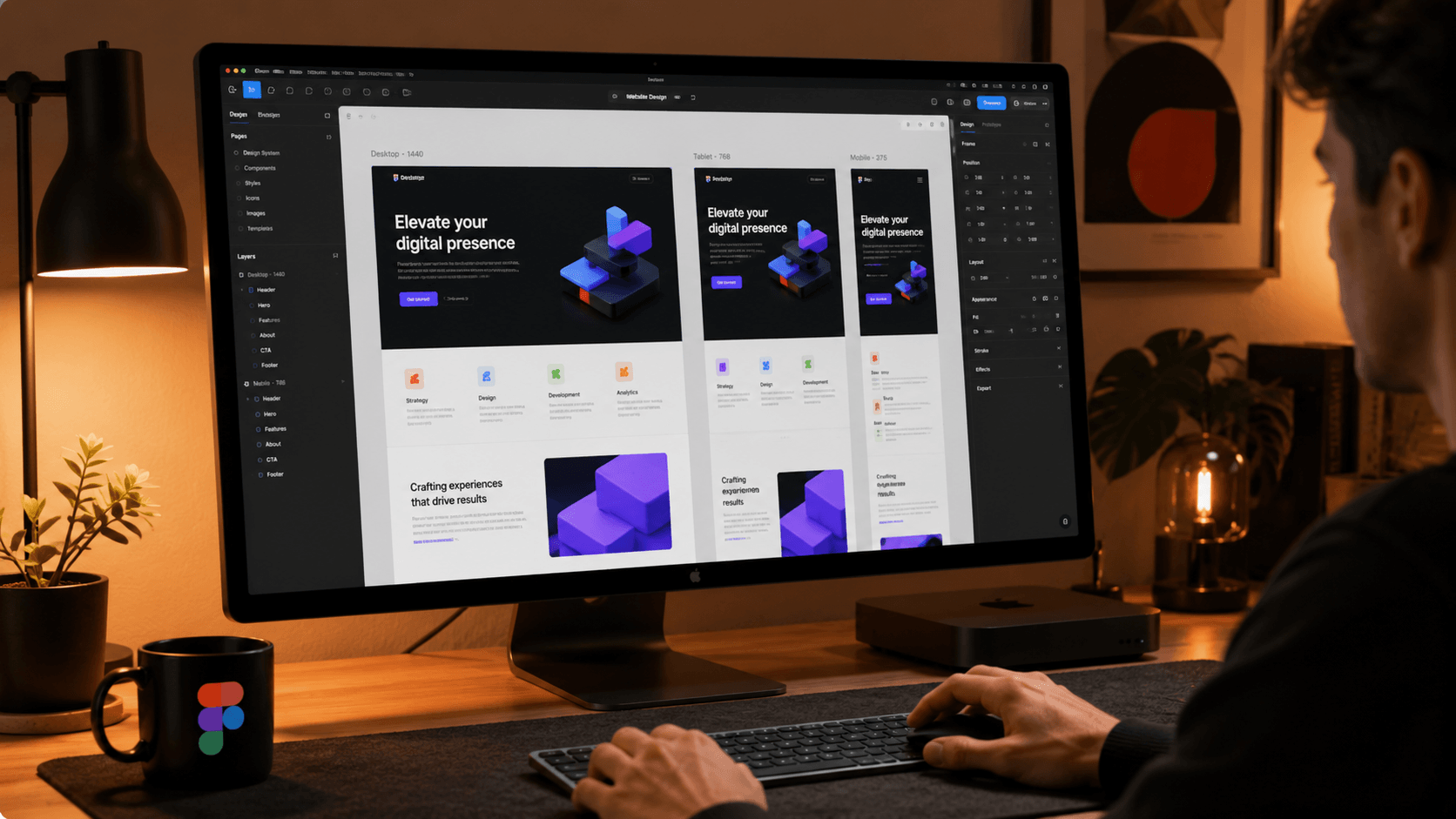 UX dizajnér navrhuje wireframy webstránky vo Figme — od hrubého konceptu po detailný layout