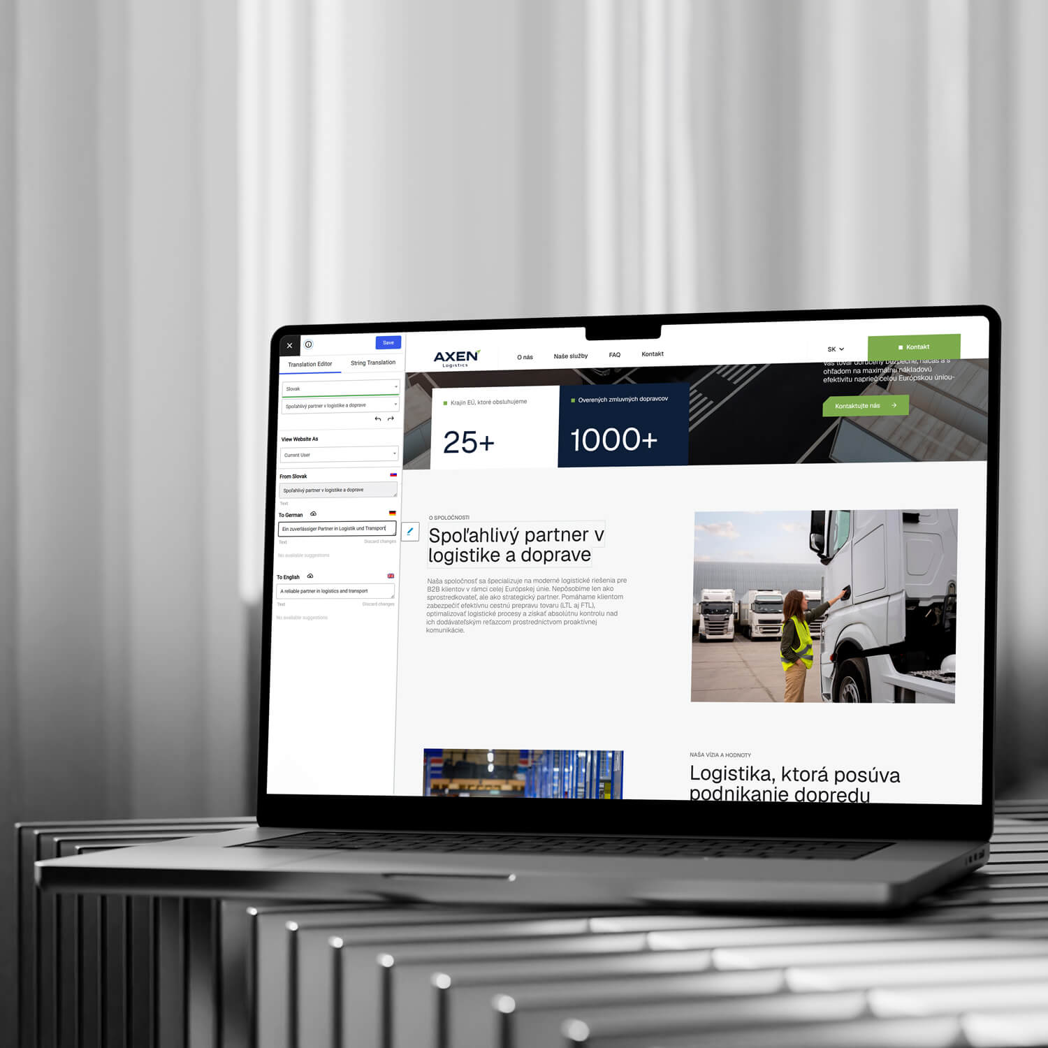 Preklad webu Axen Logistics do viacerých jazykov zobrazený v desktopovom mockupe