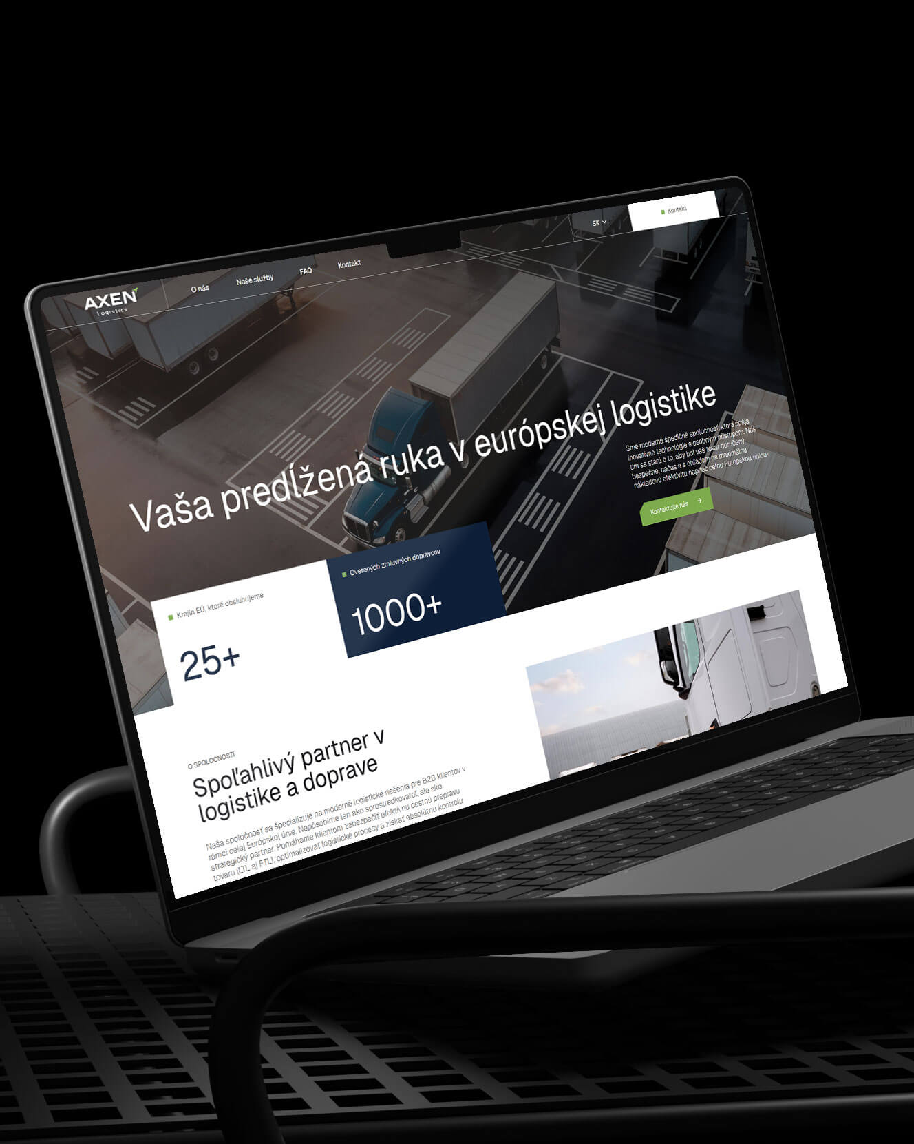 Domovská stránka Axen Logistics na desktope s hero sekciou a výzvou na dopyt prepravy